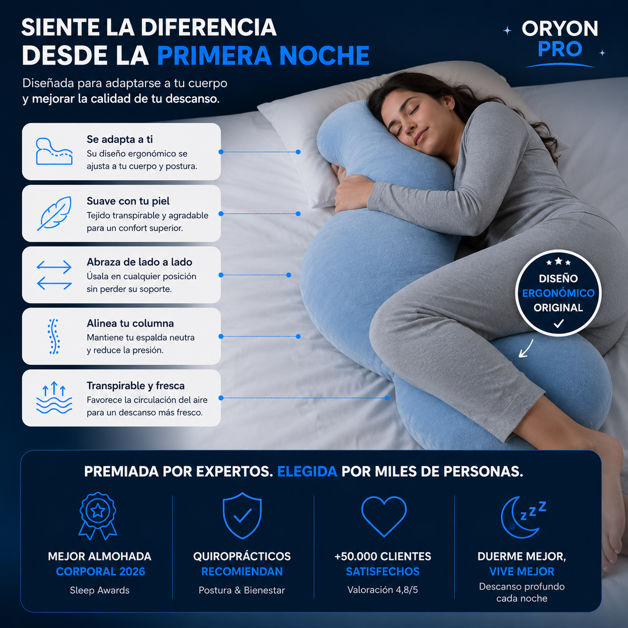 Duerme sin dolor de cadera con la Almohada Oryon Pro™